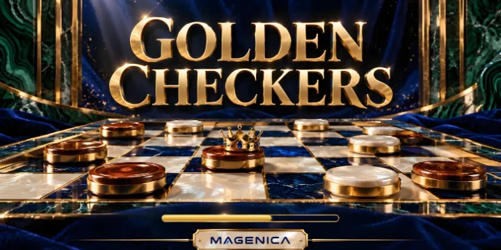 Golden Checkers concept art: gold-rimmed checkers and a crowned king on a marble and sapphire board